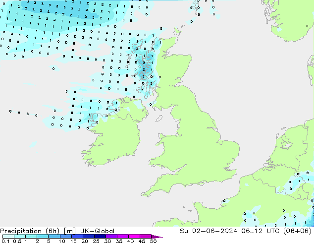 Precipitazione (6h) UK-Global dom 02.06.2024 12 UTC