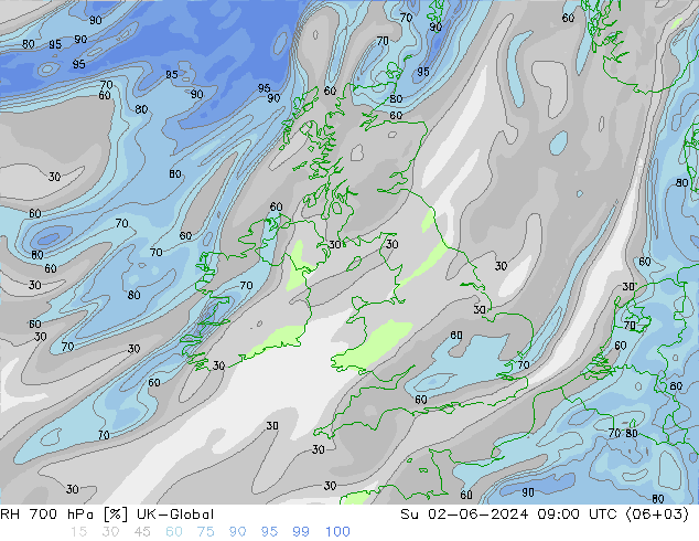 RH 700 hPa UK-Global dom 02.06.2024 09 UTC