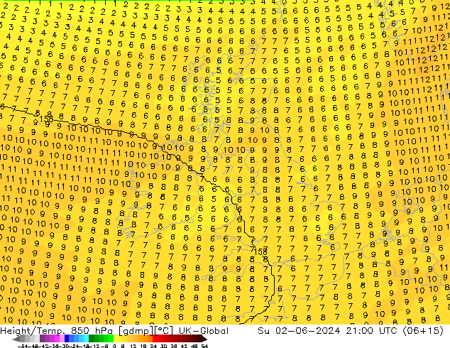 Height/Temp. 850 hPa UK-Global Ne 02.06.2024 21 UTC