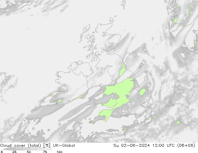 Cloud cover (total) UK-Global Su 02.06.2024 12 UTC