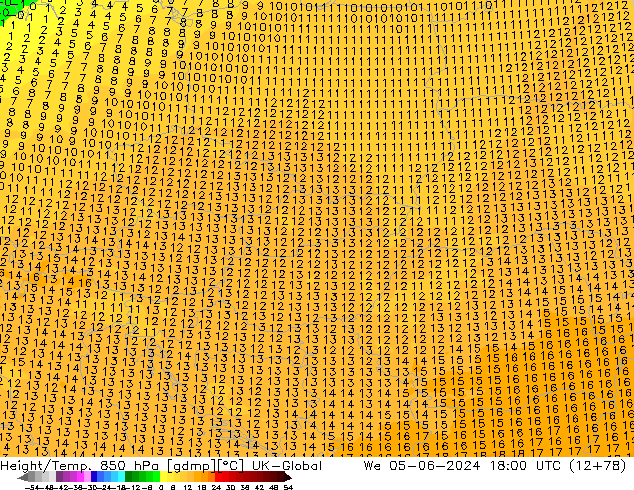 Hoogte/Temp. 850 hPa UK-Global wo 05.06.2024 18 UTC