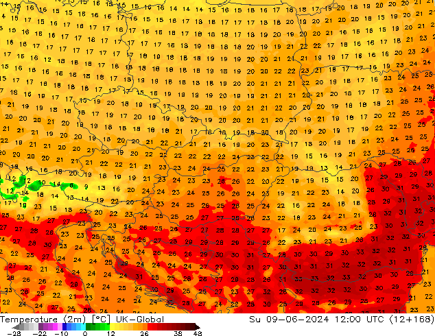 Sıcaklık Haritası (2m) UK-Global Paz 09.06.2024 12 UTC