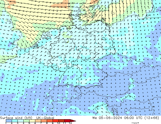 Vent 10 m (bft) UK-Global mer 05.06.2024 06 UTC
