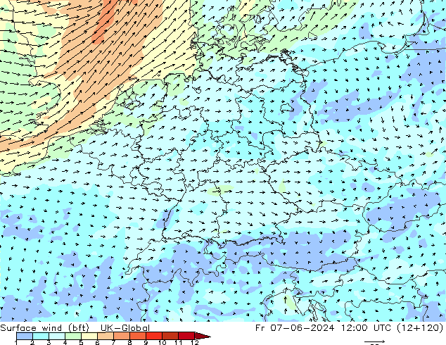 Surface wind (bft) UK-Global Fr 07.06.2024 12 UTC