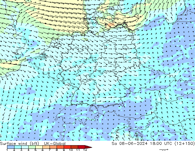 Surface wind (bft) UK-Global Sa 08.06.2024 18 UTC