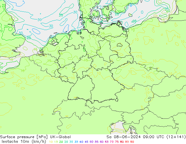 Izotacha (km/godz) UK-Global so. 08.06.2024 09 UTC