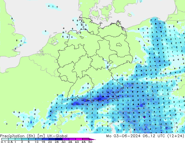 Precipitação (6h) UK-Global Seg 03.06.2024 12 UTC