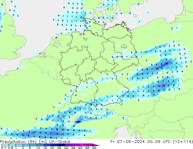 Precipitation (6h) UK-Global Fr 07.06.2024 06 UTC