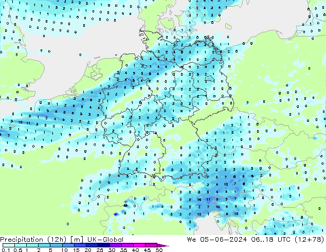 降水量 (12h) UK-Global 星期三 05.06.2024 18 UTC