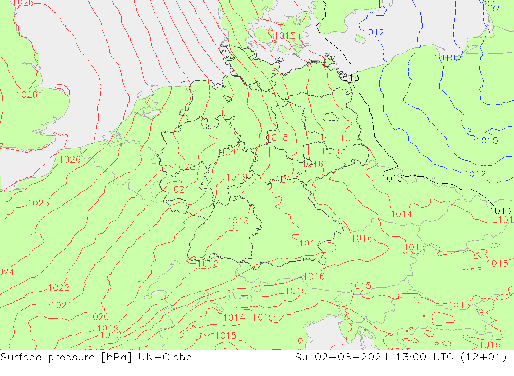 地面气压 UK-Global 星期日 02.06.2024 13 UTC