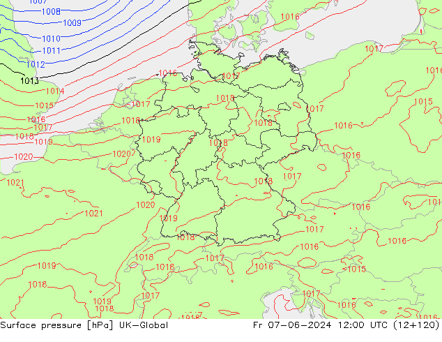 Pressione al suolo UK-Global ven 07.06.2024 12 UTC