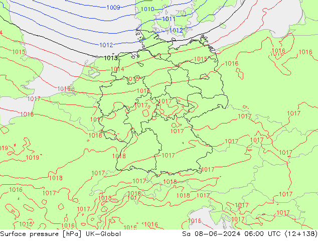 Atmosférický tlak UK-Global So 08.06.2024 06 UTC