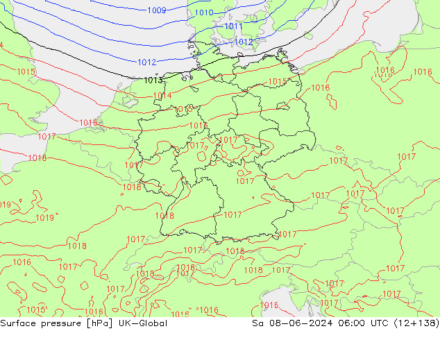 Pressione al suolo UK-Global sab 08.06.2024 06 UTC