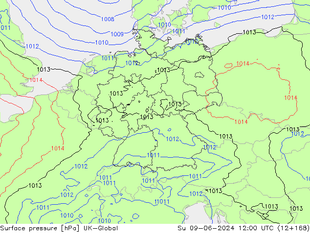 Pressione al suolo UK-Global dom 09.06.2024 12 UTC