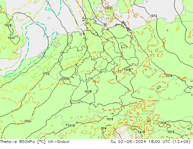Theta-e 850hPa UK-Global Su 02.06.2024 18 UTC