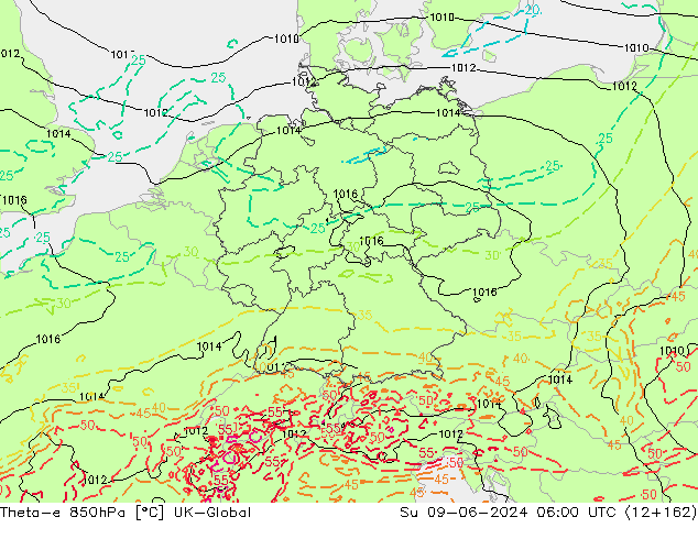 Theta-e 850hPa UK-Global dom 09.06.2024 06 UTC