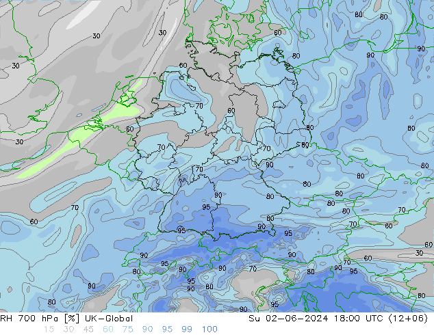 Humedad rel. 700hPa UK-Global dom 02.06.2024 18 UTC