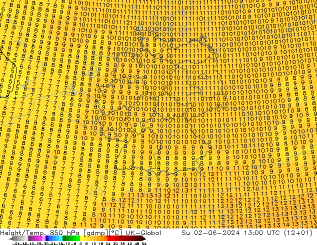 Height/Temp. 850 hPa UK-Global dom 02.06.2024 13 UTC