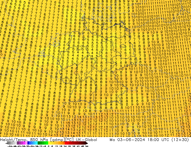 Height/Temp. 850 hPa UK-Global Seg 03.06.2024 18 UTC