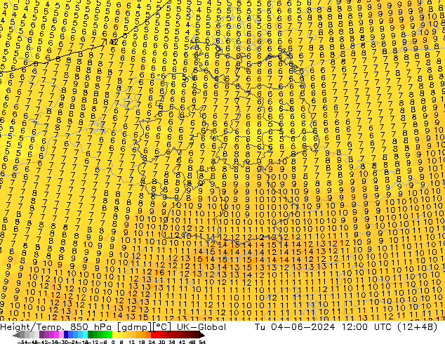 Height/Temp. 850 hPa UK-Global mar 04.06.2024 12 UTC