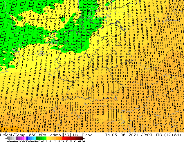 Hoogte/Temp. 850 hPa UK-Global do 06.06.2024 00 UTC