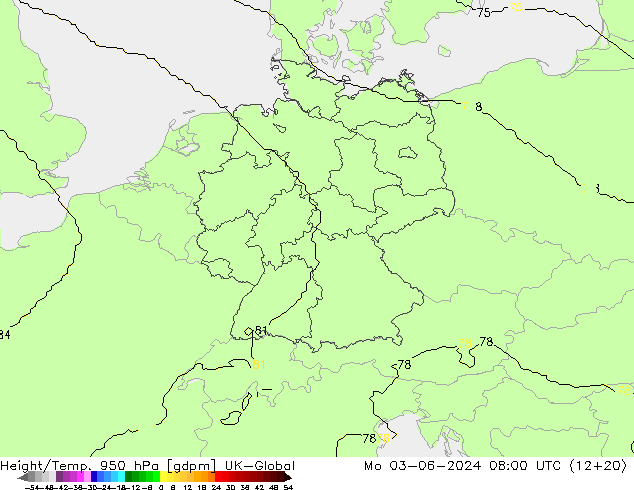 Height/Temp. 950 hPa UK-Global  03.06.2024 08 UTC