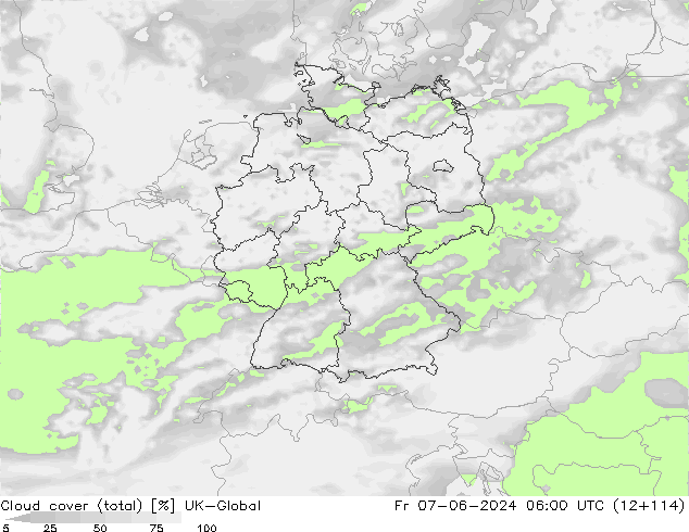 Cloud cover (total) UK-Global Fr 07.06.2024 06 UTC