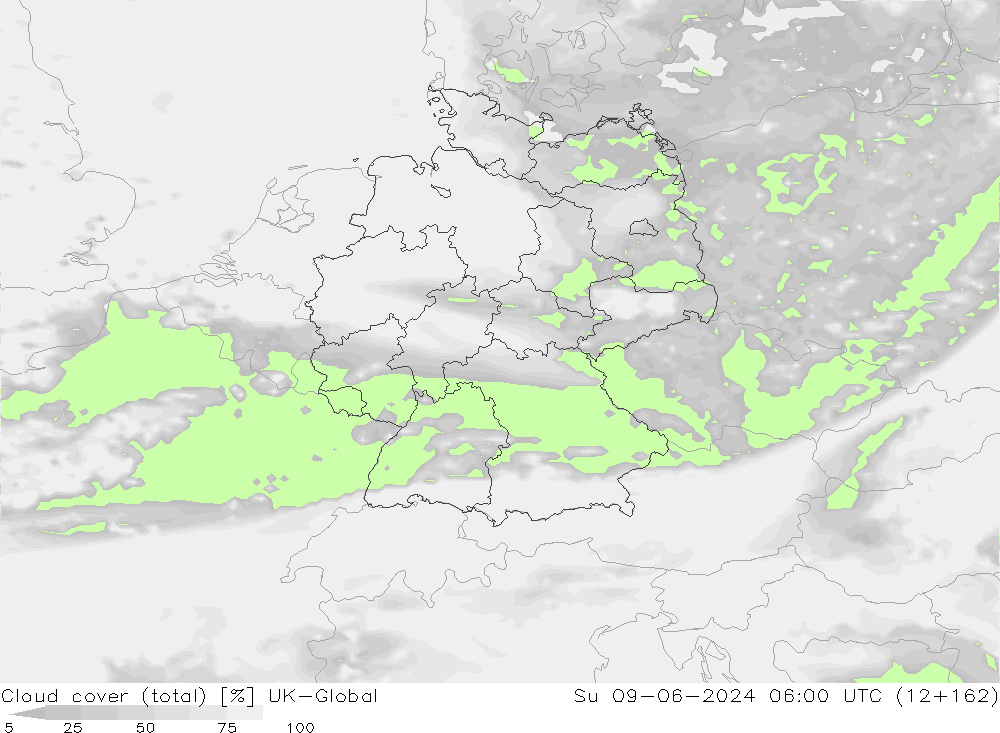 Cloud cover (total) UK-Global Su 09.06.2024 06 UTC