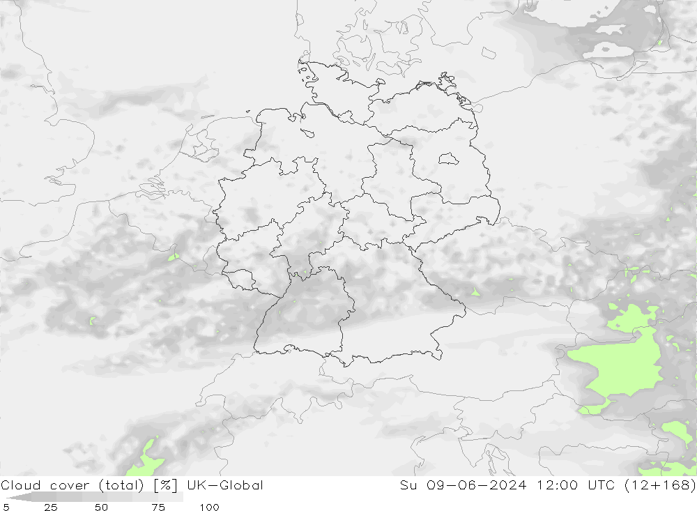 Nubes (total) UK-Global dom 09.06.2024 12 UTC