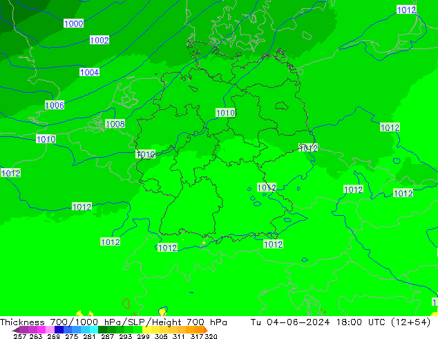 Thck 700-1000 гПа UK-Global вт 04.06.2024 18 UTC