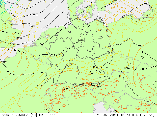 Theta-e 700гПа UK-Global вт 04.06.2024 18 UTC