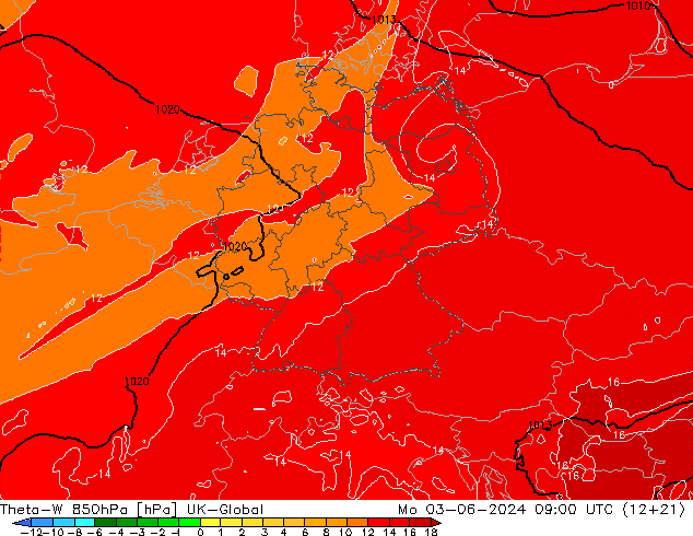 Theta-W 850hPa UK-Global pon. 03.06.2024 09 UTC