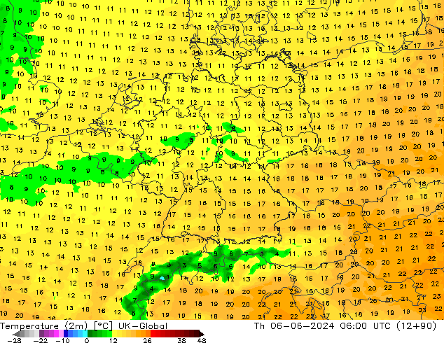 Sıcaklık Haritası (2m) UK-Global Per 06.06.2024 06 UTC