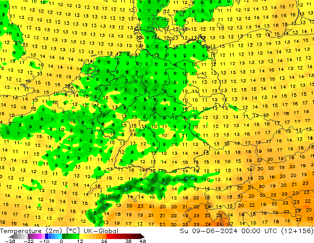 Sıcaklık Haritası (2m) UK-Global Paz 09.06.2024 00 UTC