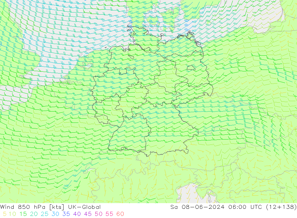 Wind 850 hPa UK-Global za 08.06.2024 06 UTC