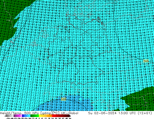 Height/Temp. 500 hPa UK-Global Ne 02.06.2024 13 UTC