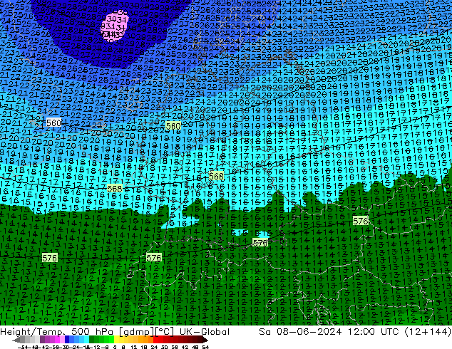 Height/Temp. 500 hPa UK-Global sab 08.06.2024 12 UTC