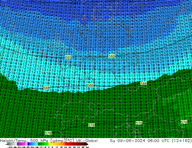 Hoogte/Temp. 500 hPa UK-Global zo 09.06.2024 06 UTC