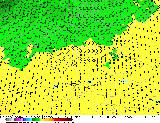 Height/Temp. 700 hPa UK-Global mar 04.06.2024 18 UTC