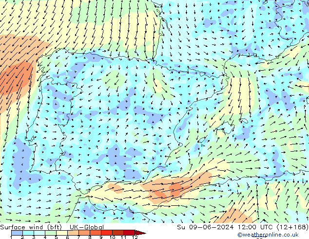 Surface wind (bft) UK-Global Su 09.06.2024 12 UTC