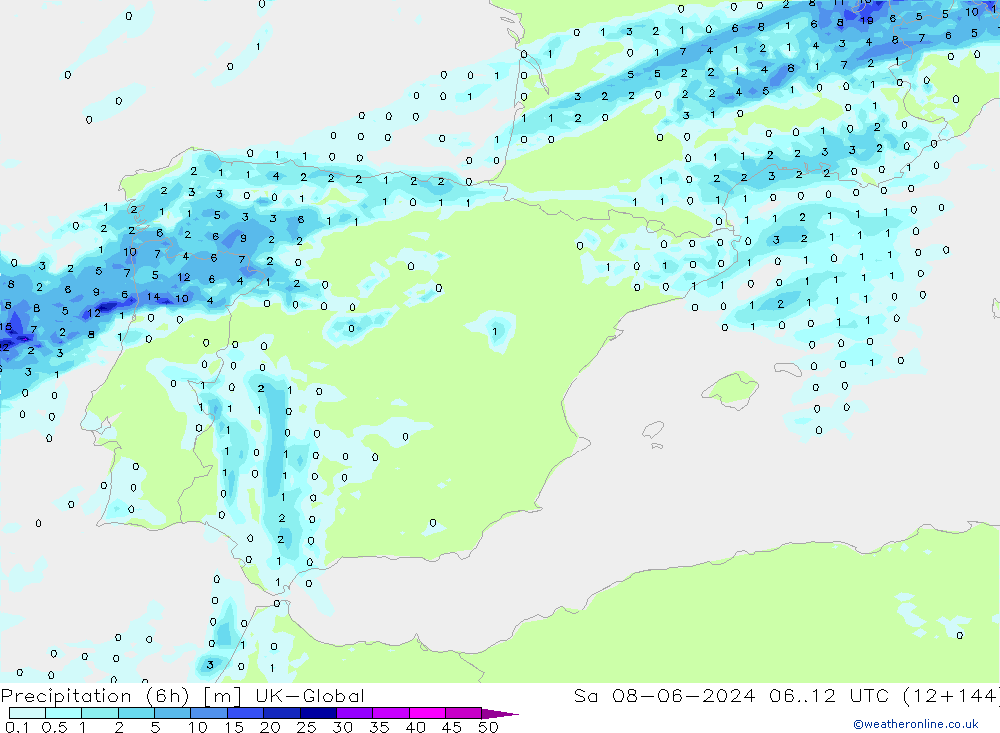 Precipitation (6h) UK-Global So 08.06.2024 12 UTC