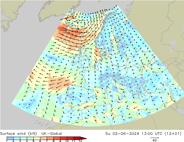 Vent 10 m (bft) UK-Global dim 02.06.2024 13 UTC