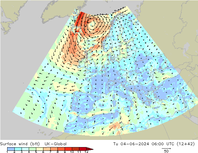 Surface wind (bft) UK-Global Tu 04.06.2024 06 UTC