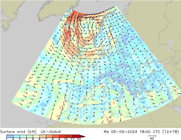 Vent 10 m (bft) UK-Global mer 05.06.2024 18 UTC