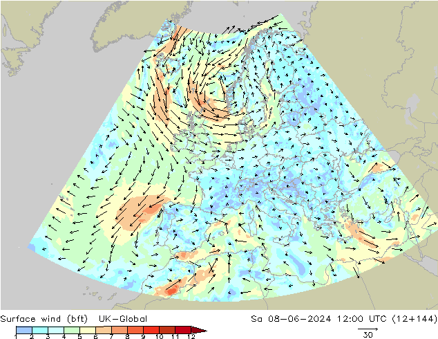 Surface wind (bft) UK-Global Sa 08.06.2024 12 UTC