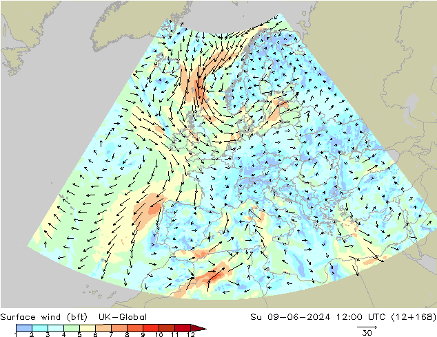 Surface wind (bft) UK-Global Ne 09.06.2024 12 UTC