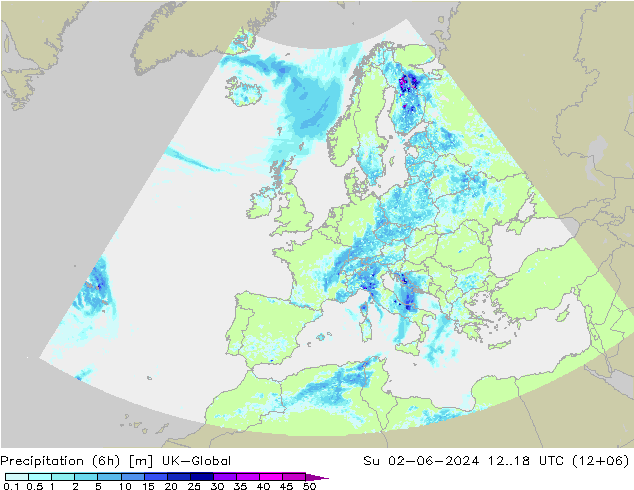 Precipitation (6h) UK-Global Su 02.06.2024 18 UTC