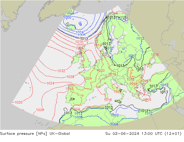 Surface pressure UK-Global Su 02.06.2024 13 UTC