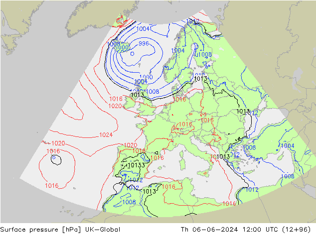 Pressione al suolo UK-Global gio 06.06.2024 12 UTC