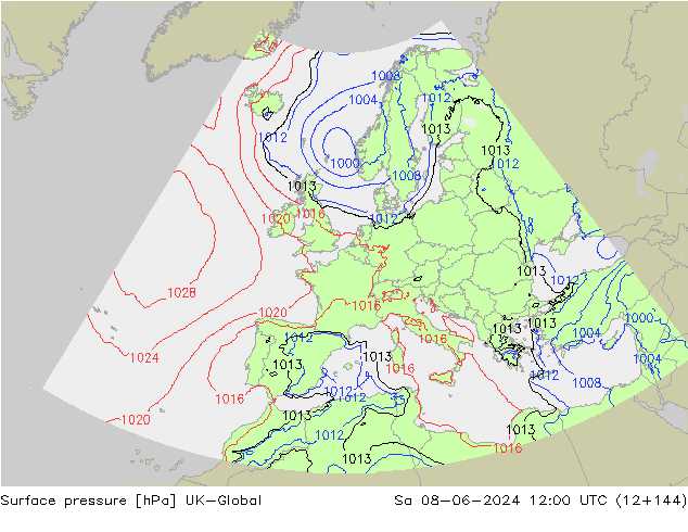 Pressione al suolo UK-Global sab 08.06.2024 12 UTC